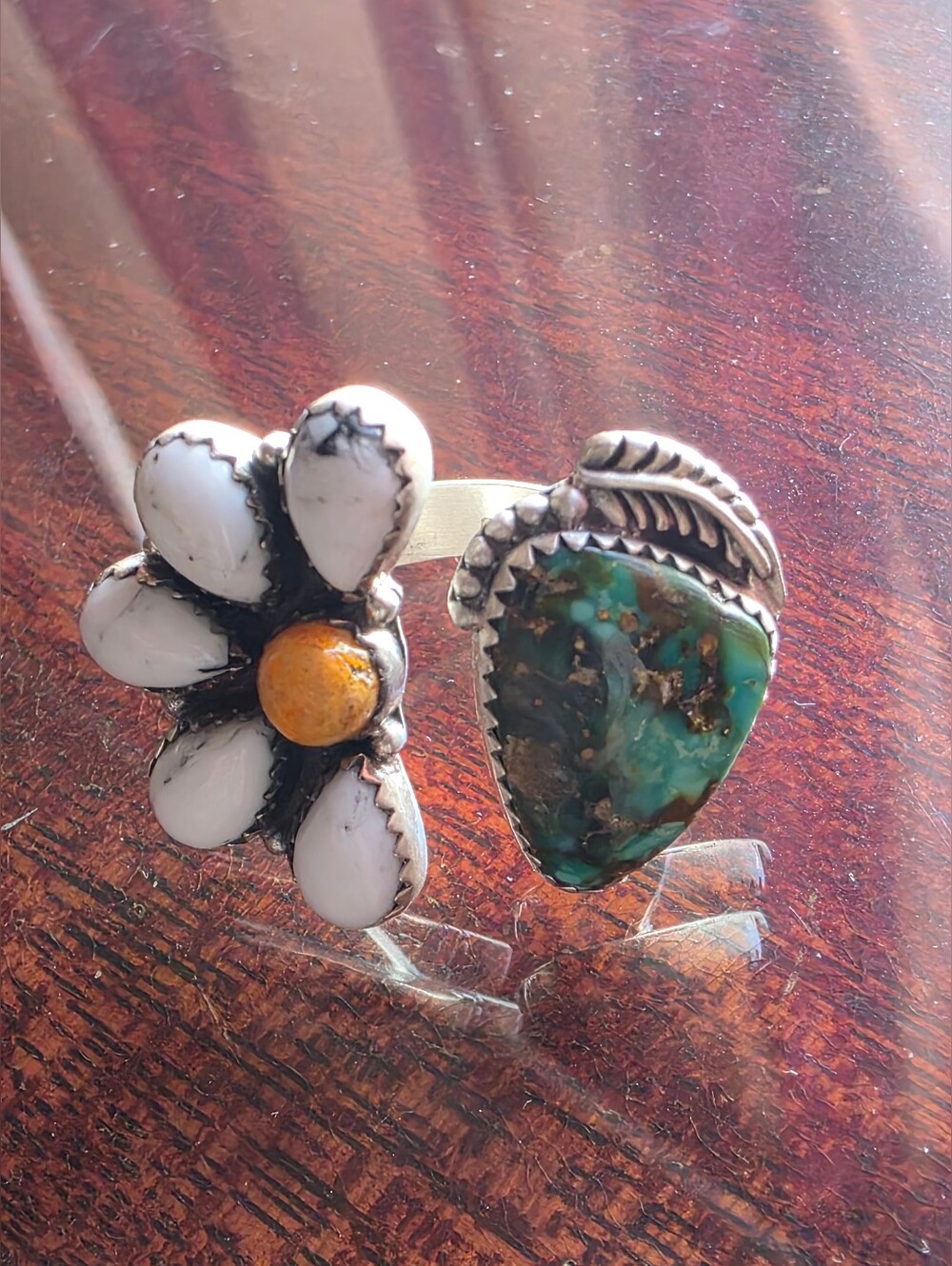 Sterling Silver Orange Mohave, Sonoran Mountain Turquoise & White Buffalo Ring